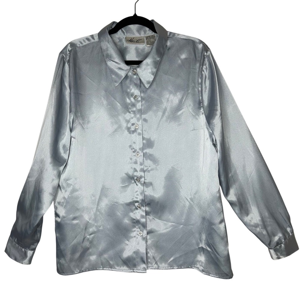 Kathie Lee VTG Women's Size 14 Silver Long Sleeve Button Up Shirt festival chic